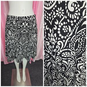 Cynthia Rowley Black White Floral Print Midi Flare Skirt Size Medium